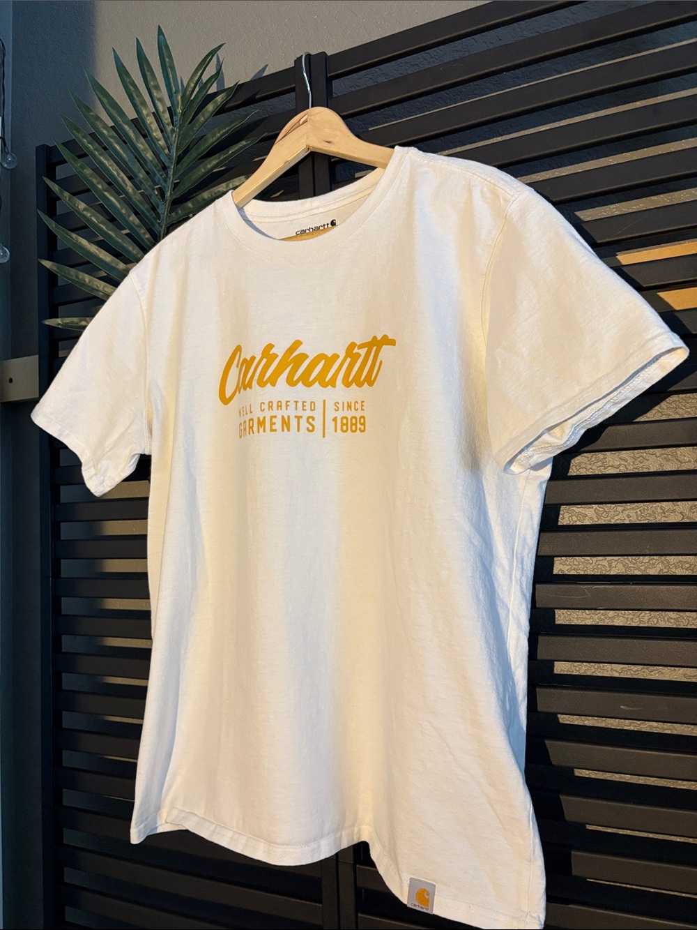 Womenβs Carhartt White Short Sleeve Tee with Yellow Script Logo